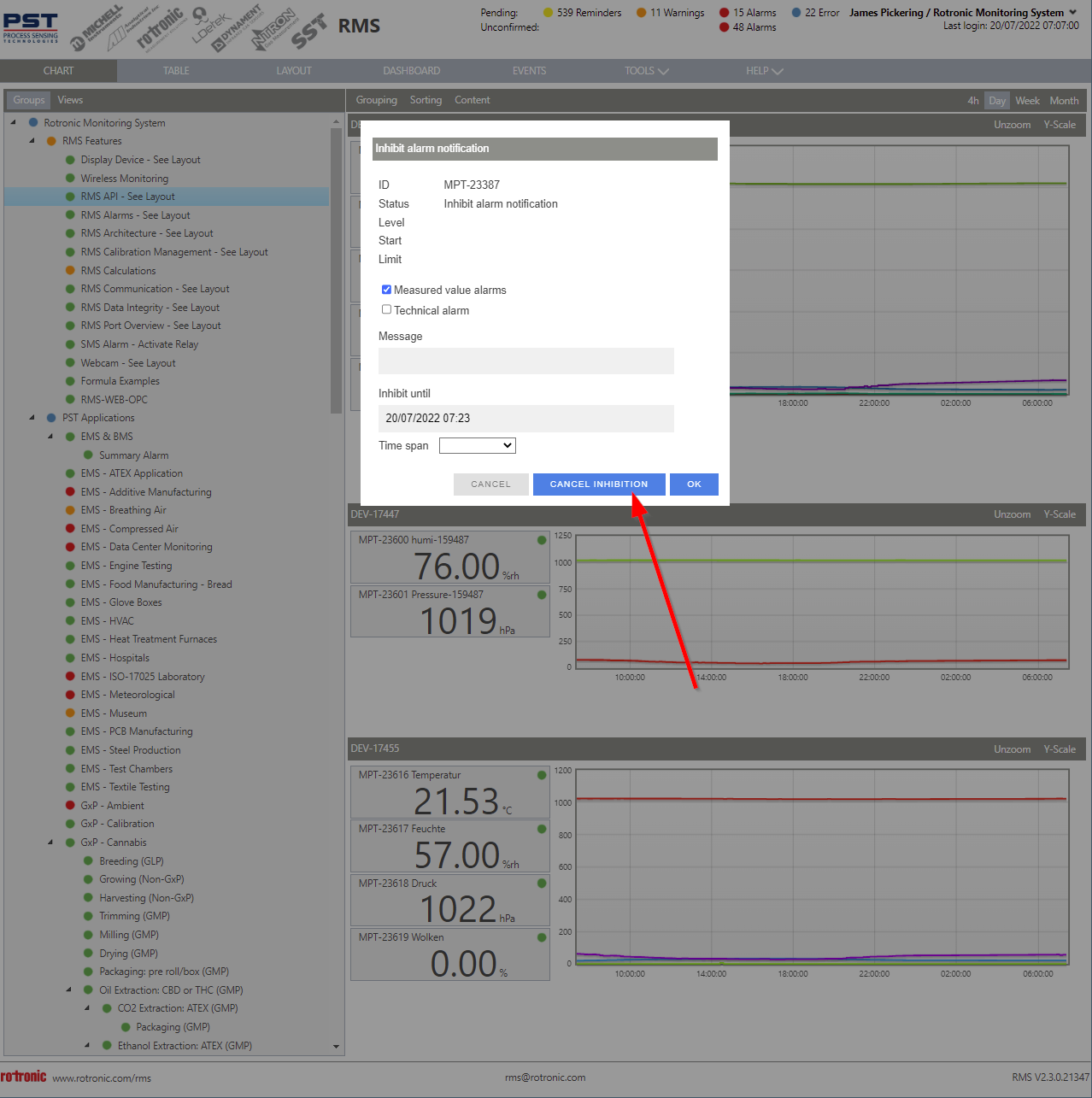 inhibit alarm notifications via chart view 4