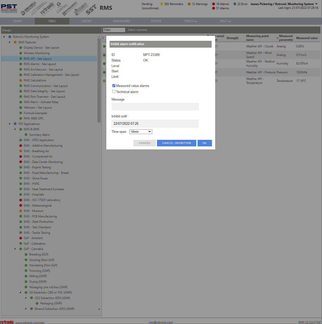 inhibit alarm notifications via table view 2