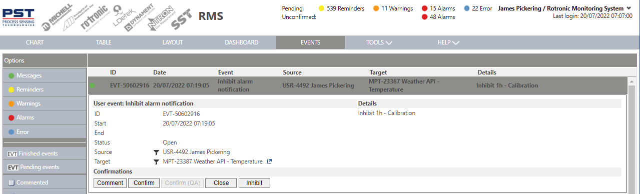 inhibit alarm notifications via chart view 3