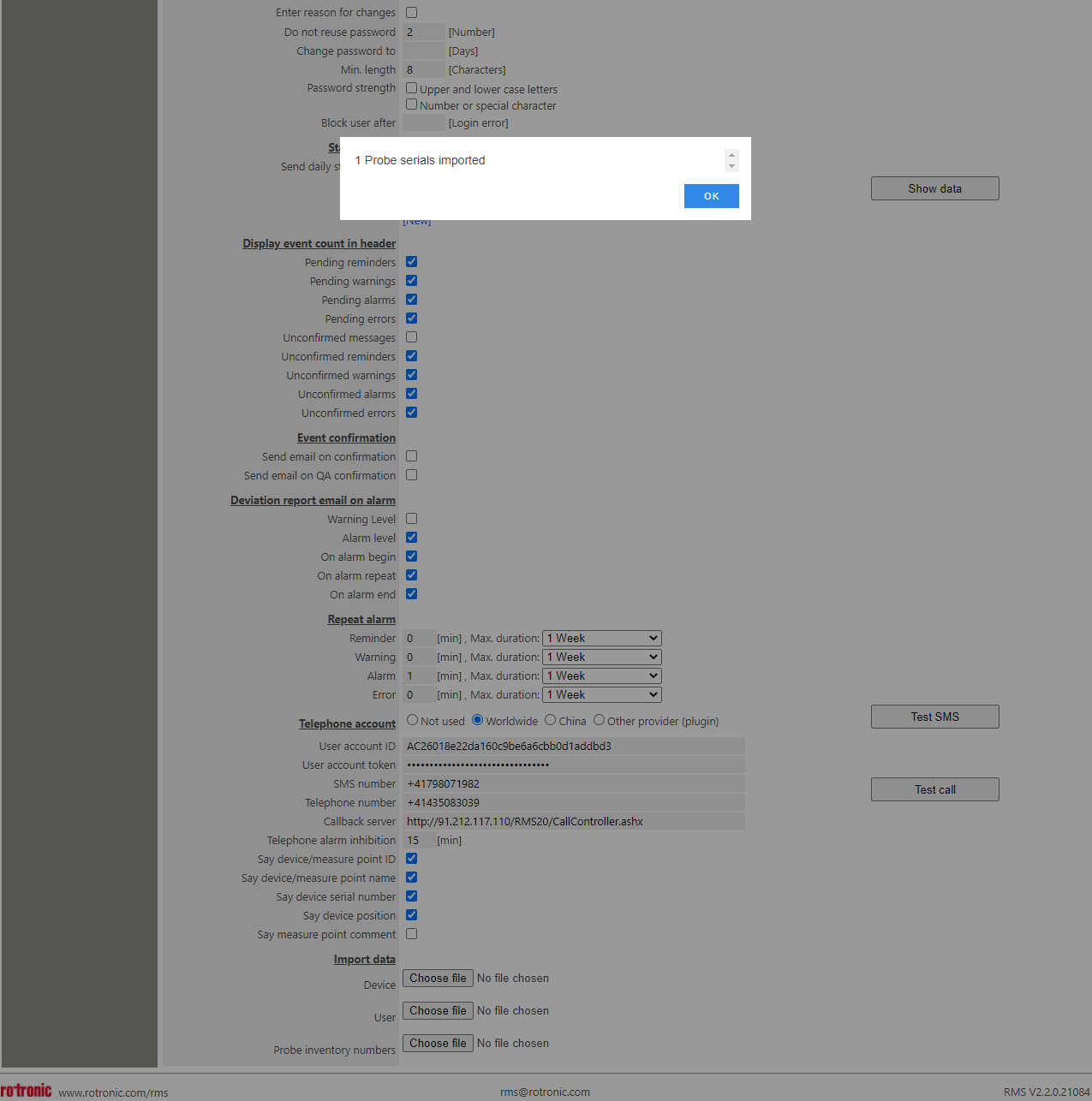 System New 2+Choose file+Probe serial imported