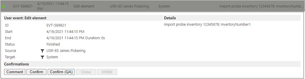 Import probe inventory number audit trail