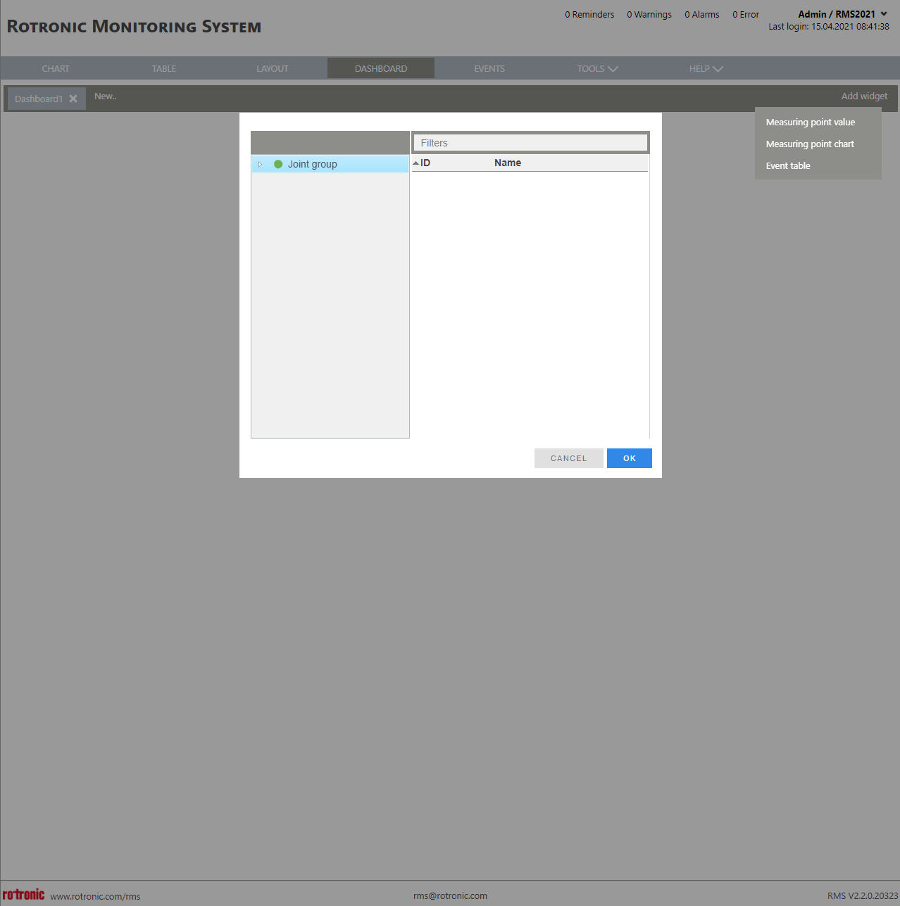 Dashboard View New+Add Widget+Measuring Point Value_Measuring Point Chart