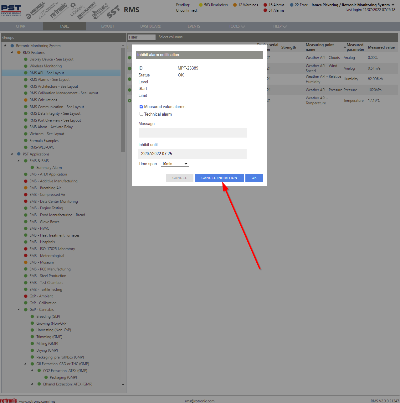 inhibit alarm notifications via table view 4