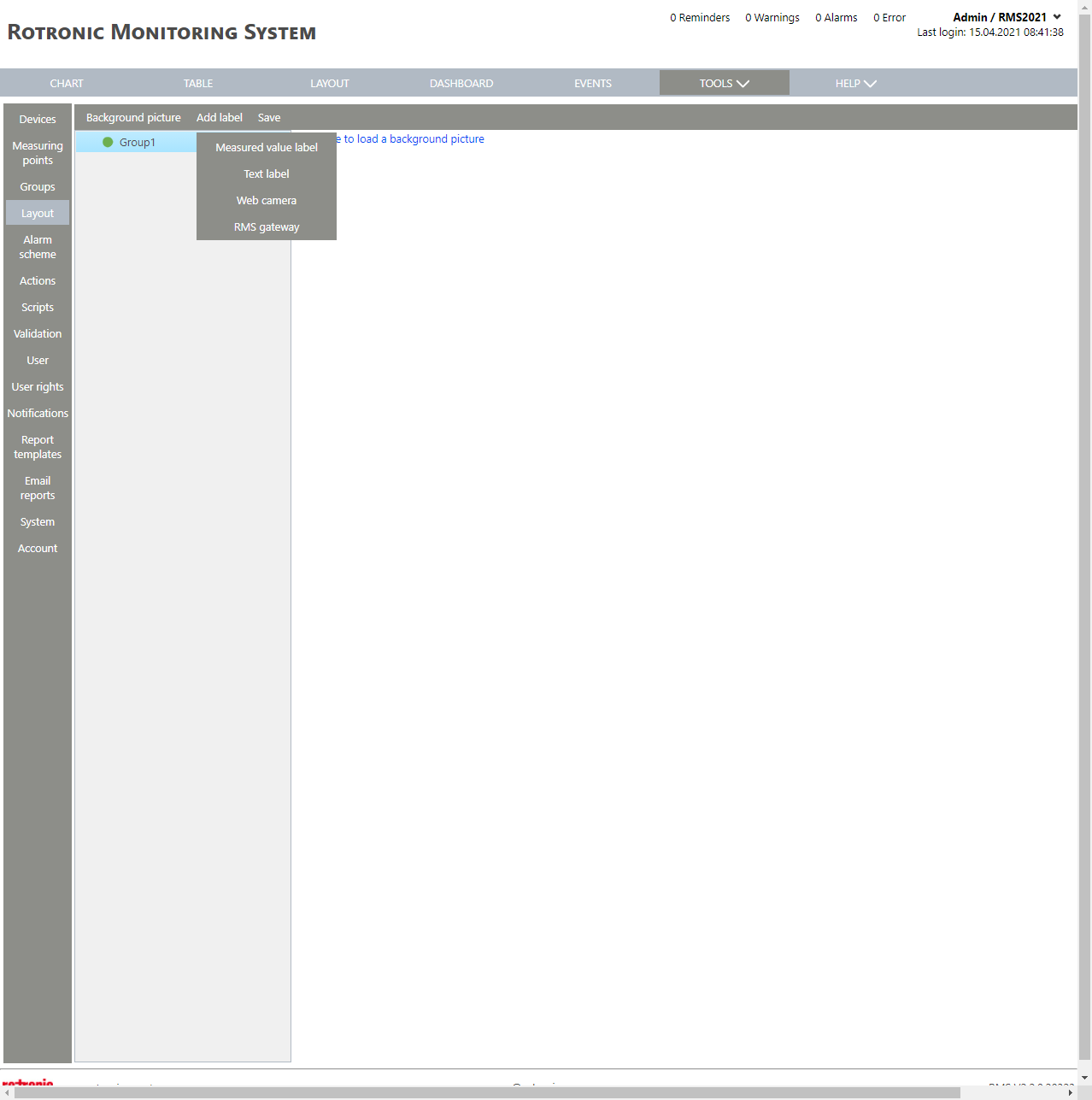 Layout Setup New+Add Label