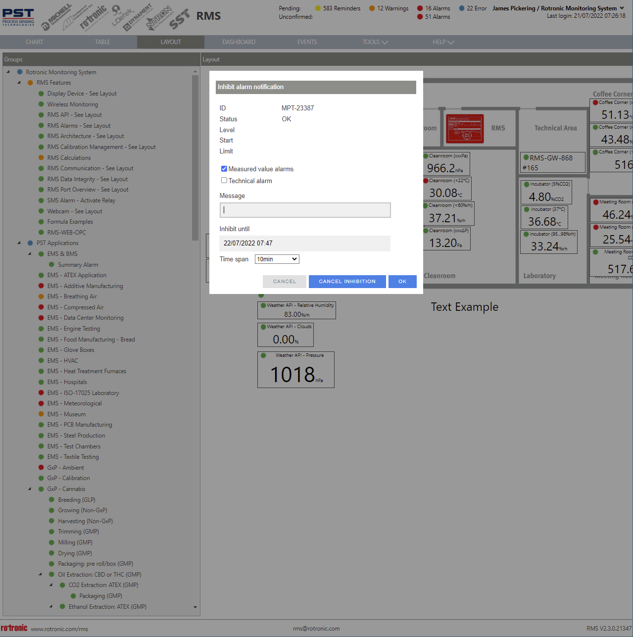inhibit alarm notifications via layout view 2
