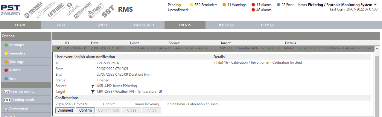 inhibit alarm notifications via chart view 5